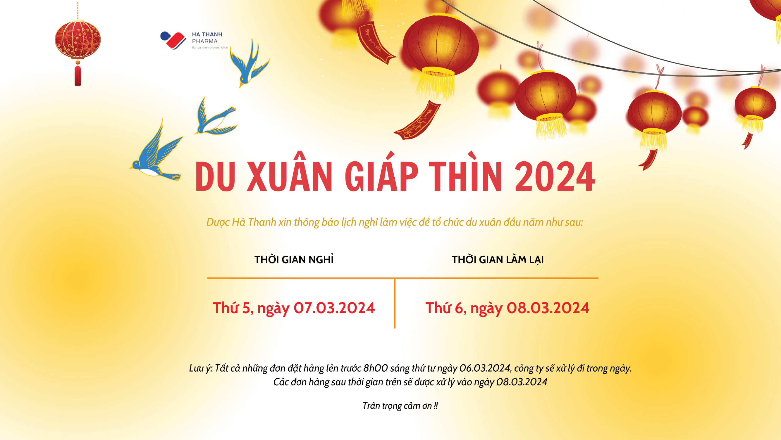 ️️📣Thông Báo Lịch Nghỉ Làm Việc - Du Xuân Giáp Thìn 2024